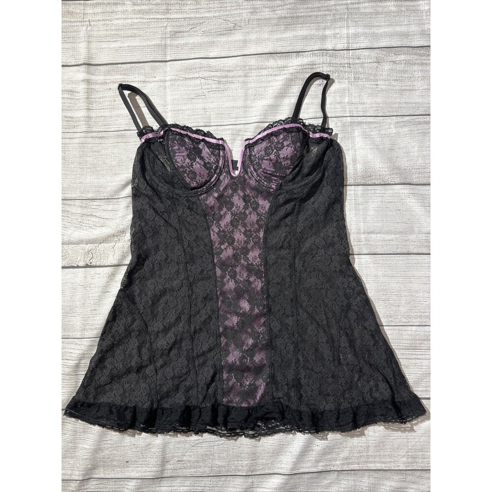 Victoria’s Secret Lace Babydoll Bustier Stretch Black/purple Dress Lingerie 36C
